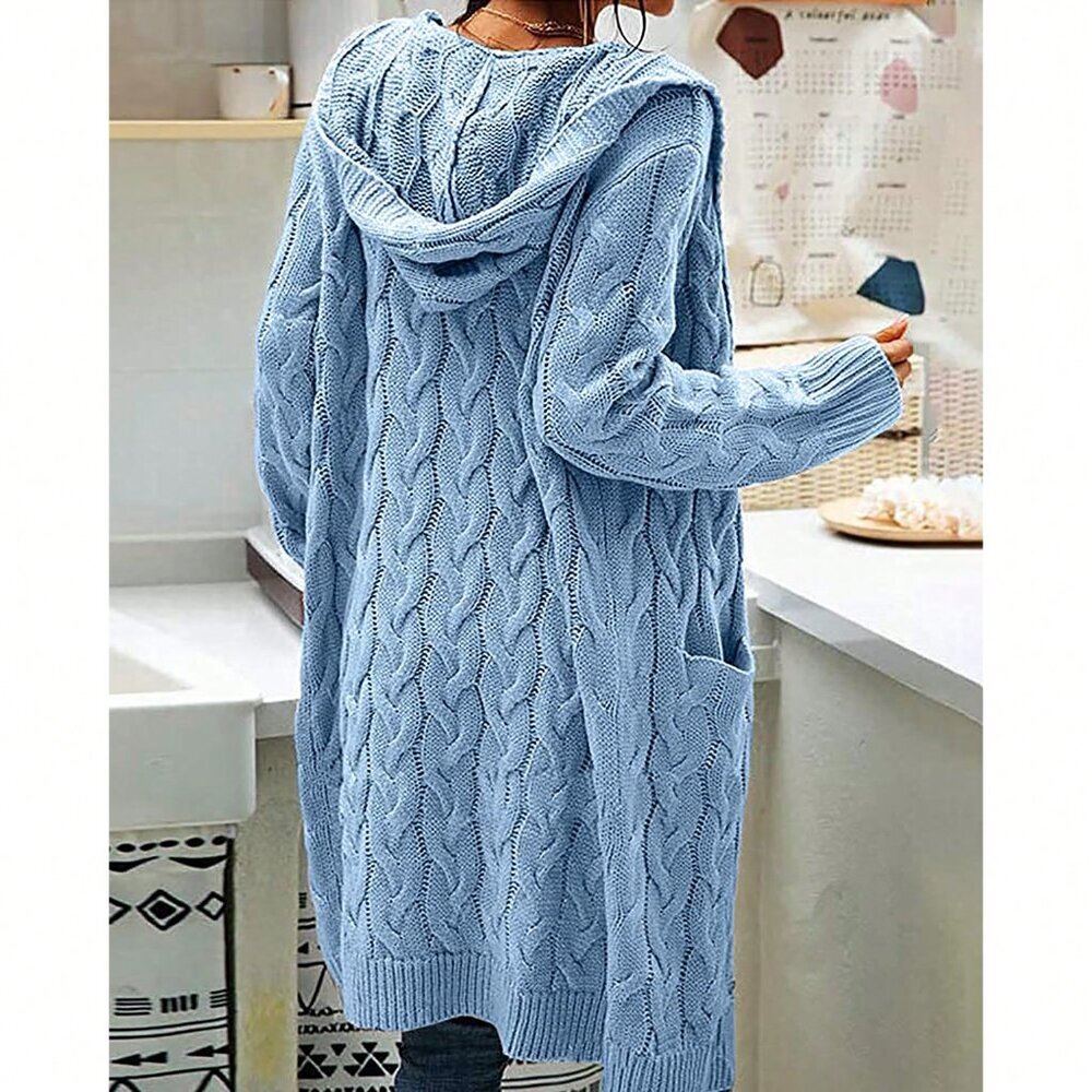 Sky Blue Casual Women's Cable Knit Long Sleeve Hooded Cardigan with Pocket - Picture 2 of 4